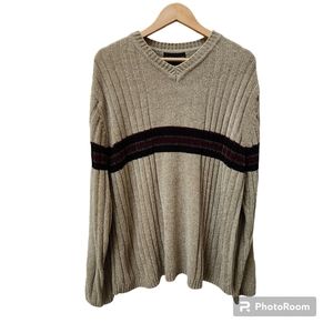 Croft & Barrow V-neck Fleece Knit Pullover Sweater Men's Large Tan Striped